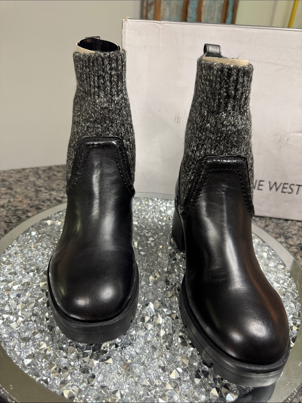 Nine West Black leather Ankle Boots with Gray Knit Cuff NWT 8.5 - Picture 9 of 13
